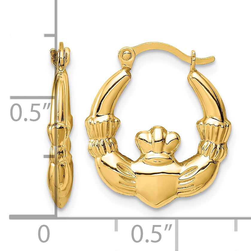 Gold Claddagh Hoop Earrings - 14k Yellow Gold / 3 mm / 15.25 x 17.75 mm