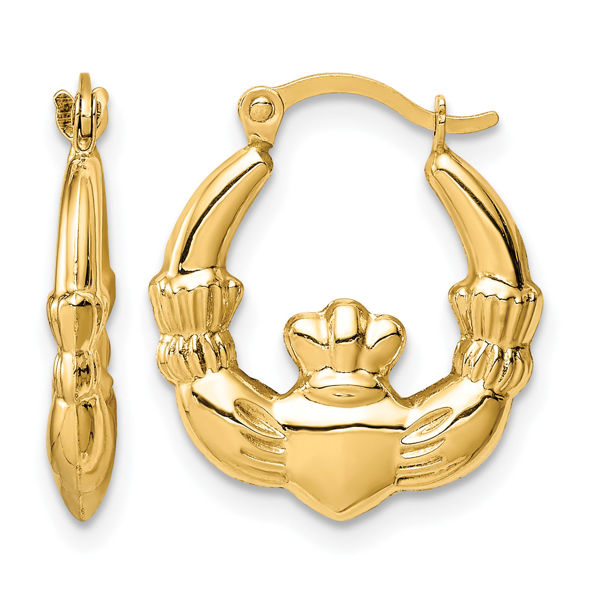Gold Claddagh Hoop Earrings - 14k Yellow Gold / 3 mm / 15.25 x 17.75 mm