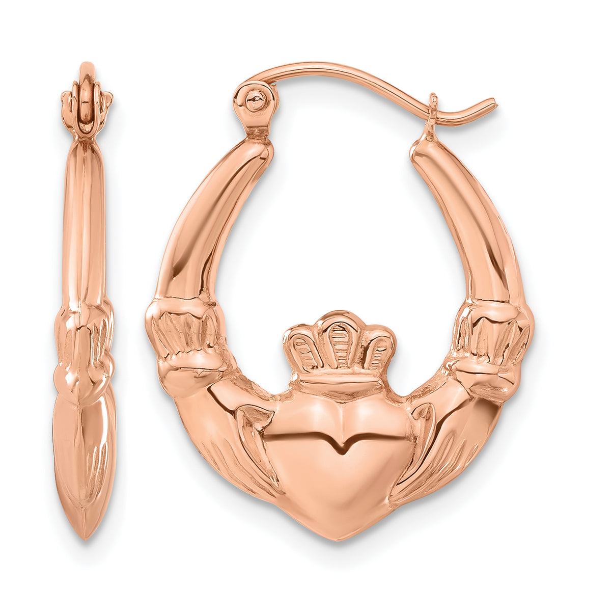 Gold Claddagh Hoop Earrings - 14k Rose Gold / 3.25 mm / 18.75 x 23.25 mm