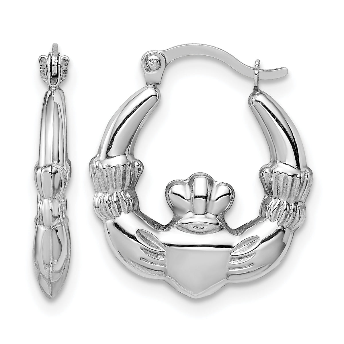Gold Claddagh Hoop Earrings - 14k White Gold / 3 mm / 15.25 x 17.75 mm