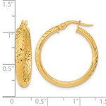 14k Gold Polished Diamond-cut Fancy Tube Hoop Earrings, shown with a ruler for scale - 14k Yellow Gold