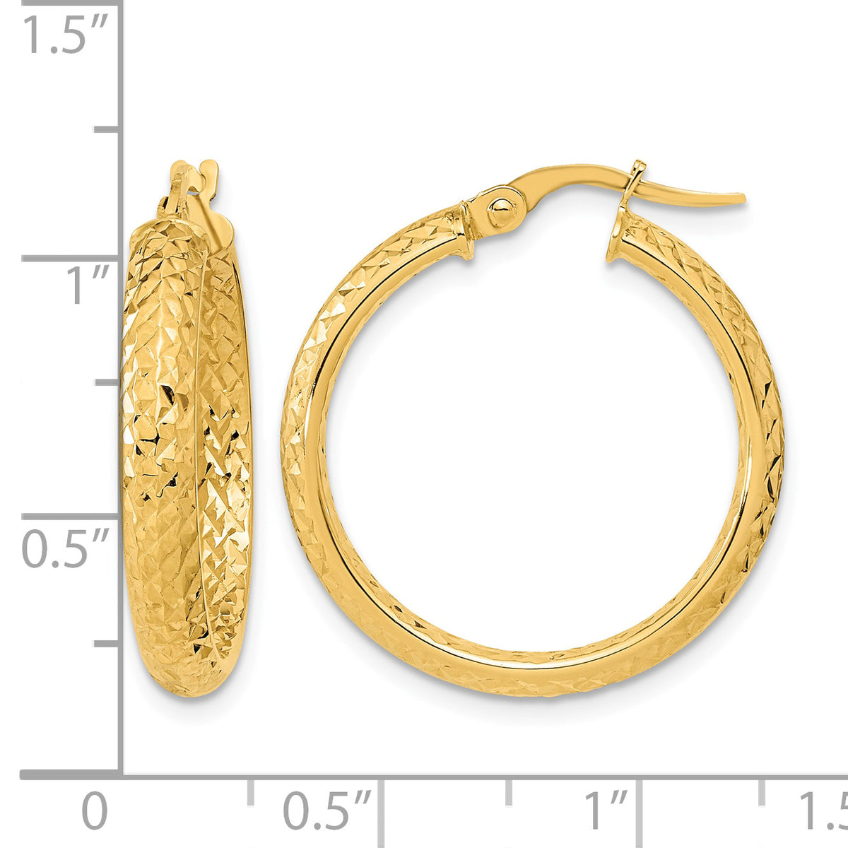 14k Gold Polished Diamond-cut Fancy Tube Hoop Earrings, shown with a ruler for scale - 14k Yellow Gold