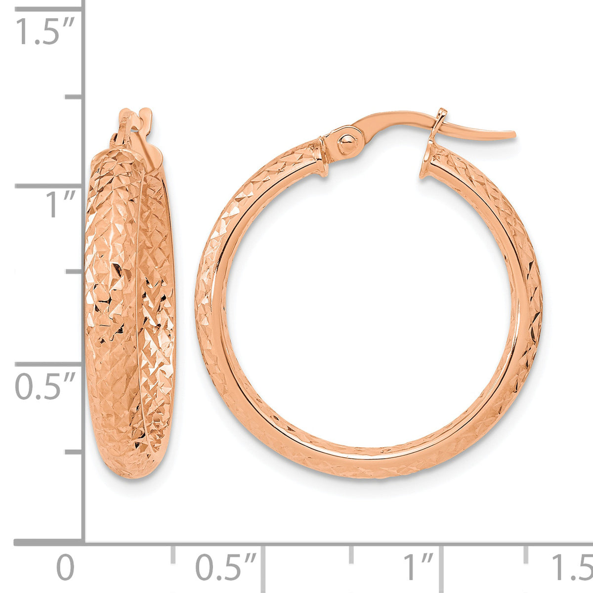 14k Gold Polished Diamond-cut Fancy Tube Hoop Earrings, shown with a ruler for scale - 14k Rose Gold
