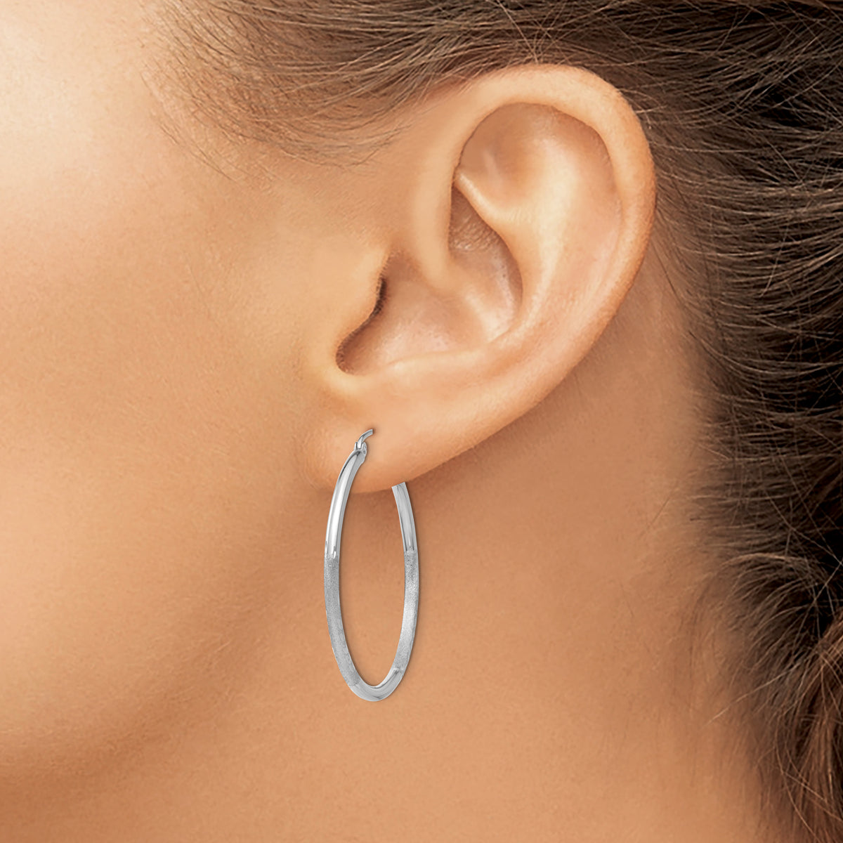 Gold Satin and Diamond-cut Hoop Earrings - 14k White Gold / 2 mm / 35 mm