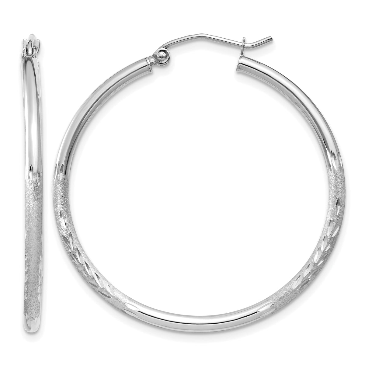 Gold Satin and Diamond-cut Hoop Earrings - 14k White Gold / 2 mm / 35 mm