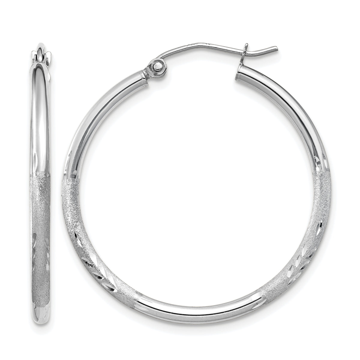 Gold Satin and Diamond-cut Hoop Earrings - 14k White Gold / 2 mm / 30 mm