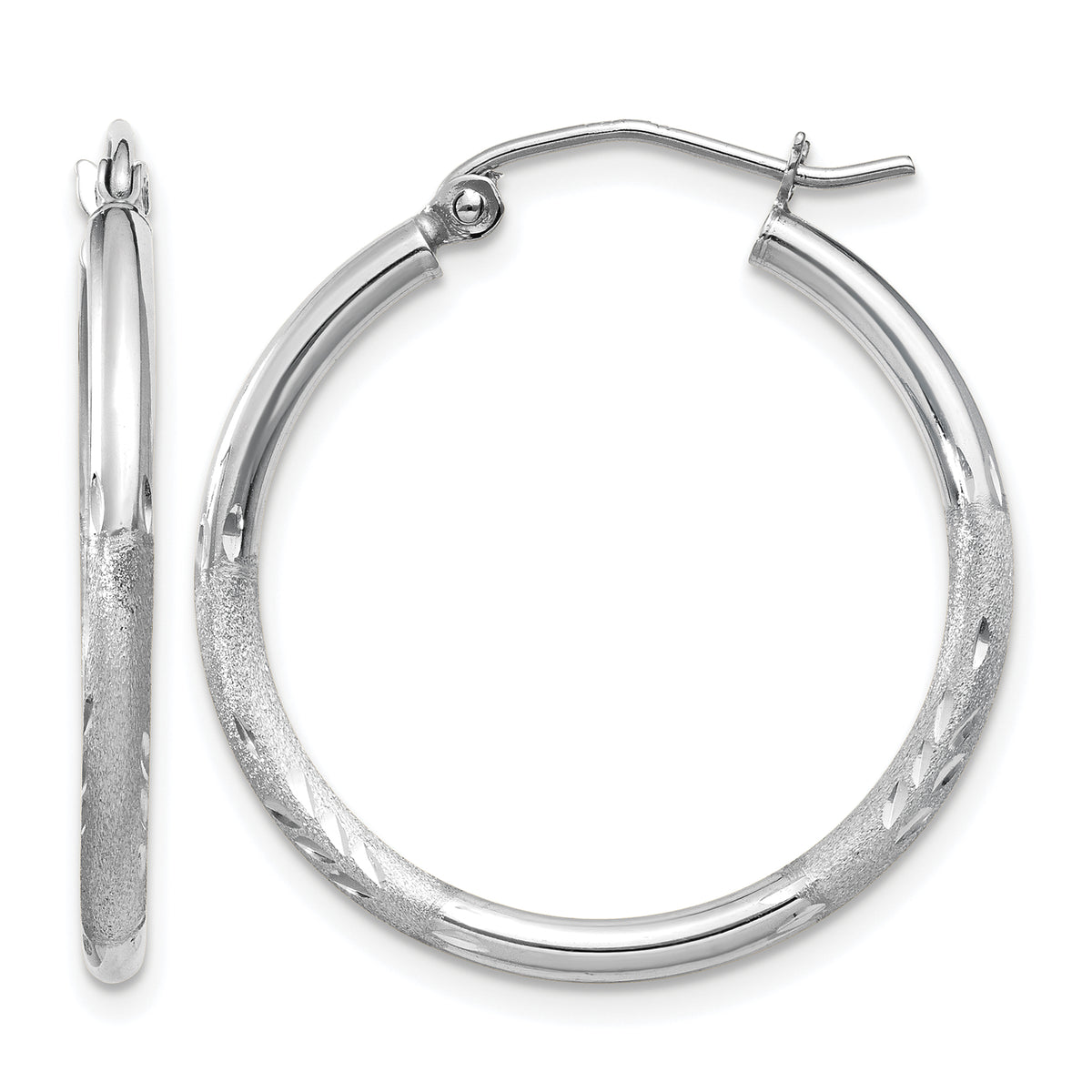 Gold Satin and Diamond-cut Hoop Earrings - 14k White Gold / 2 mm / 25 mm