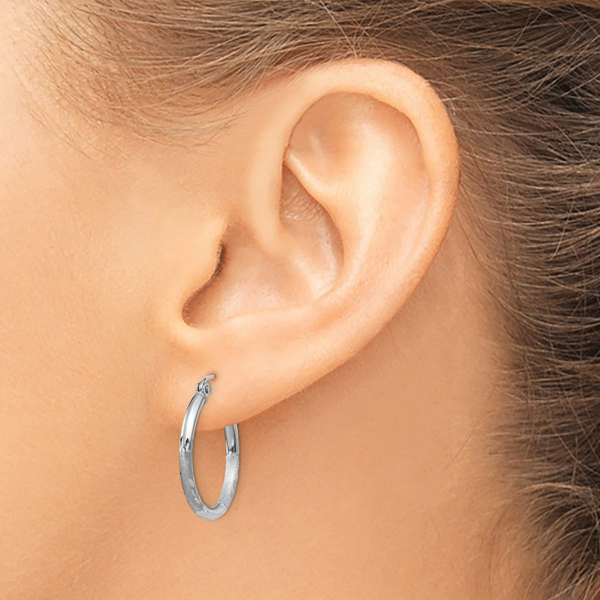 Gold Satin and Diamond-cut Hoop Earrings - 14k White Gold / 2 mm / 20 mm