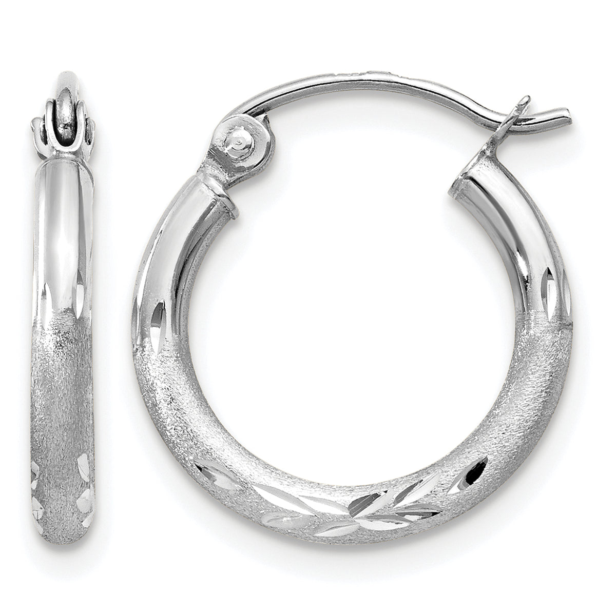 Gold Satin and Diamond-cut Hoop Earrings - 14k White Gold / 2 mm / 15 mm