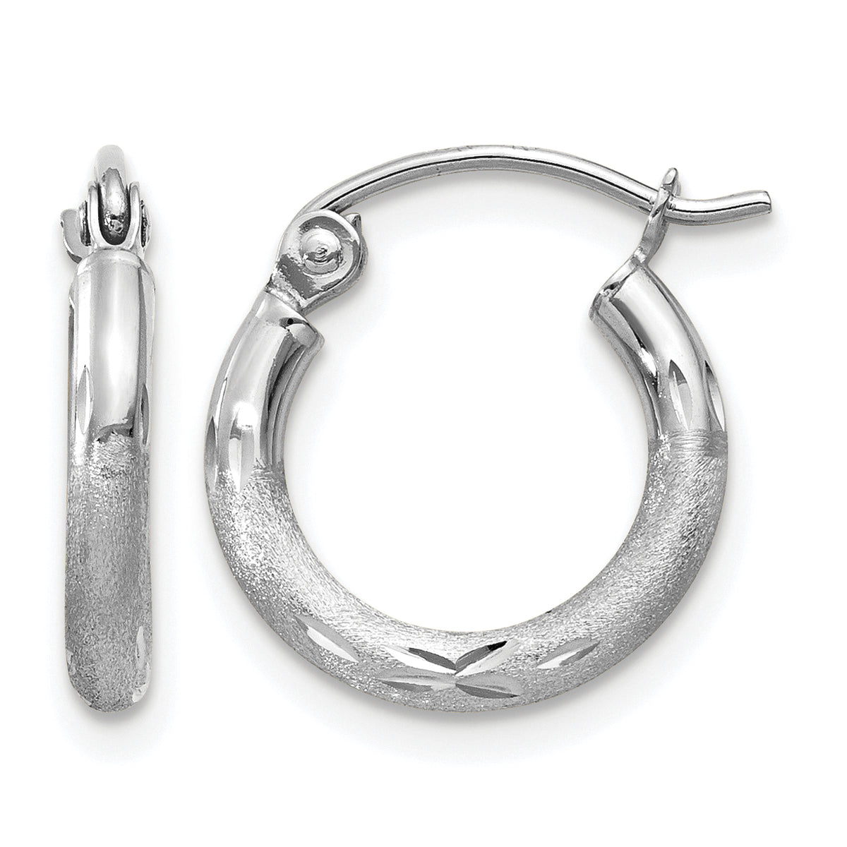 Gold Satin and Diamond-cut Hoop Earrings - 14k White Gold / 2 mm / 13 mm