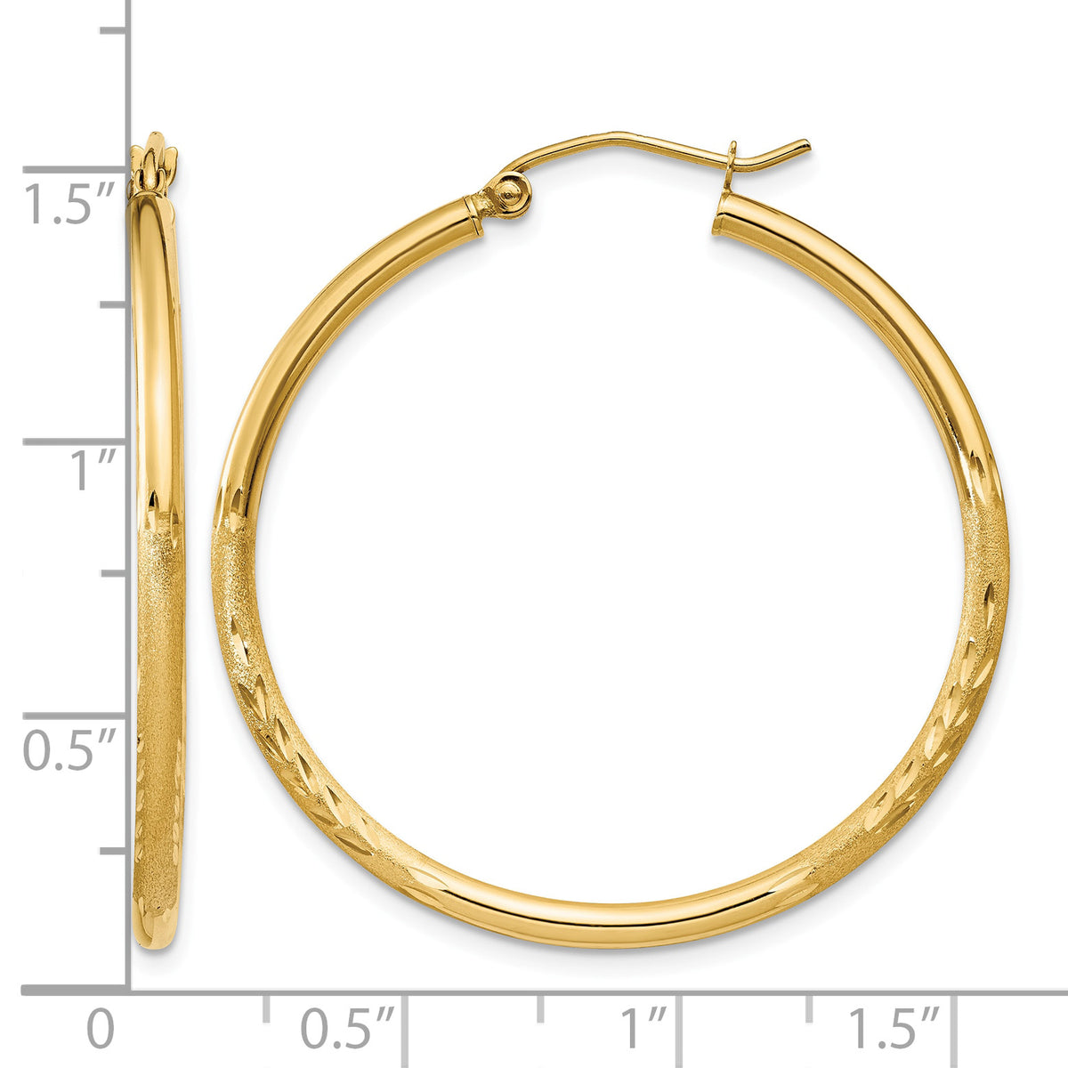 Gold Satin and Diamond-cut Hoop Earrings - 14k Yellow Gold / 2 mm / 35 mm