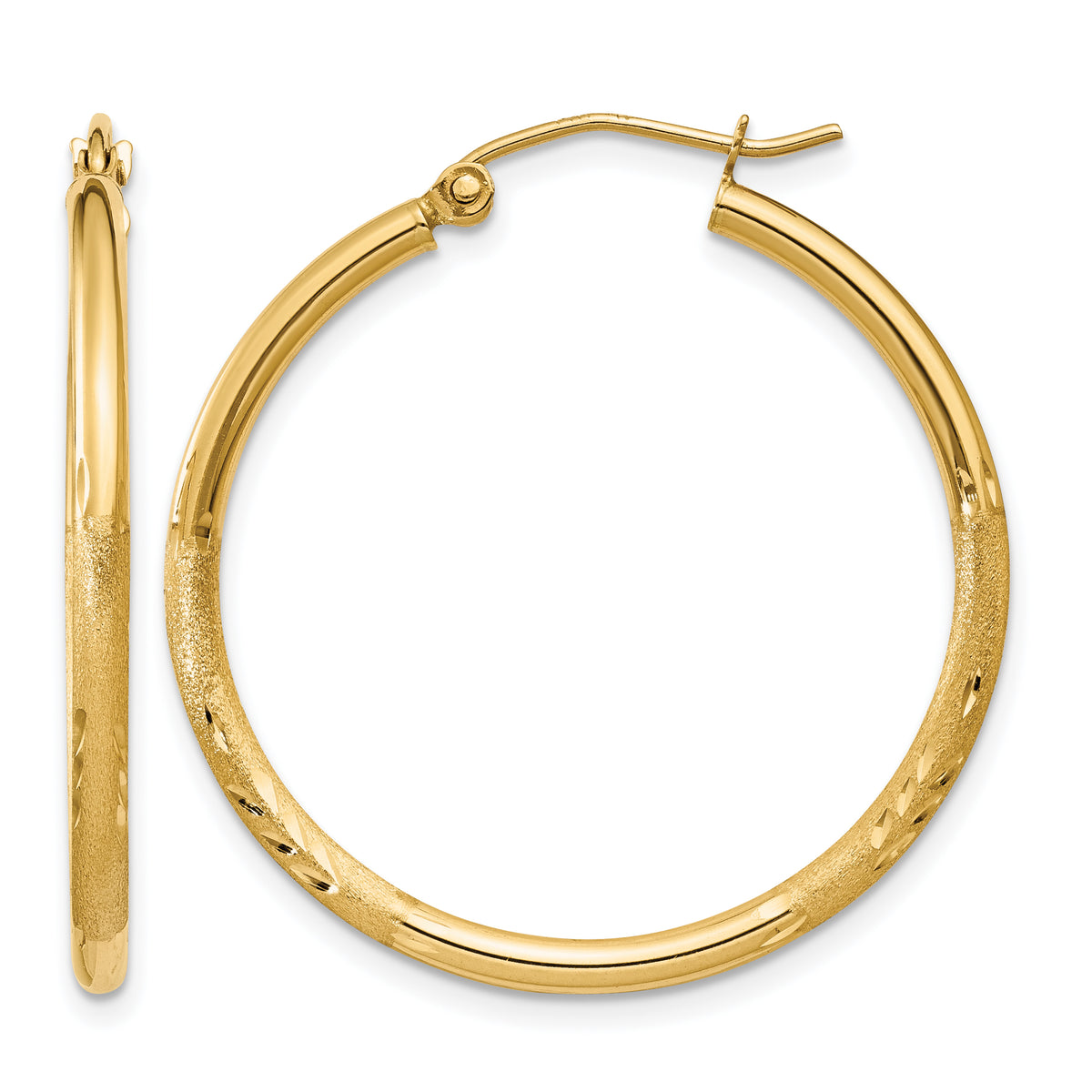 Gold Satin and Diamond-cut Hoop Earrings - 14k Yellow Gold / 2 mm / 30 mm