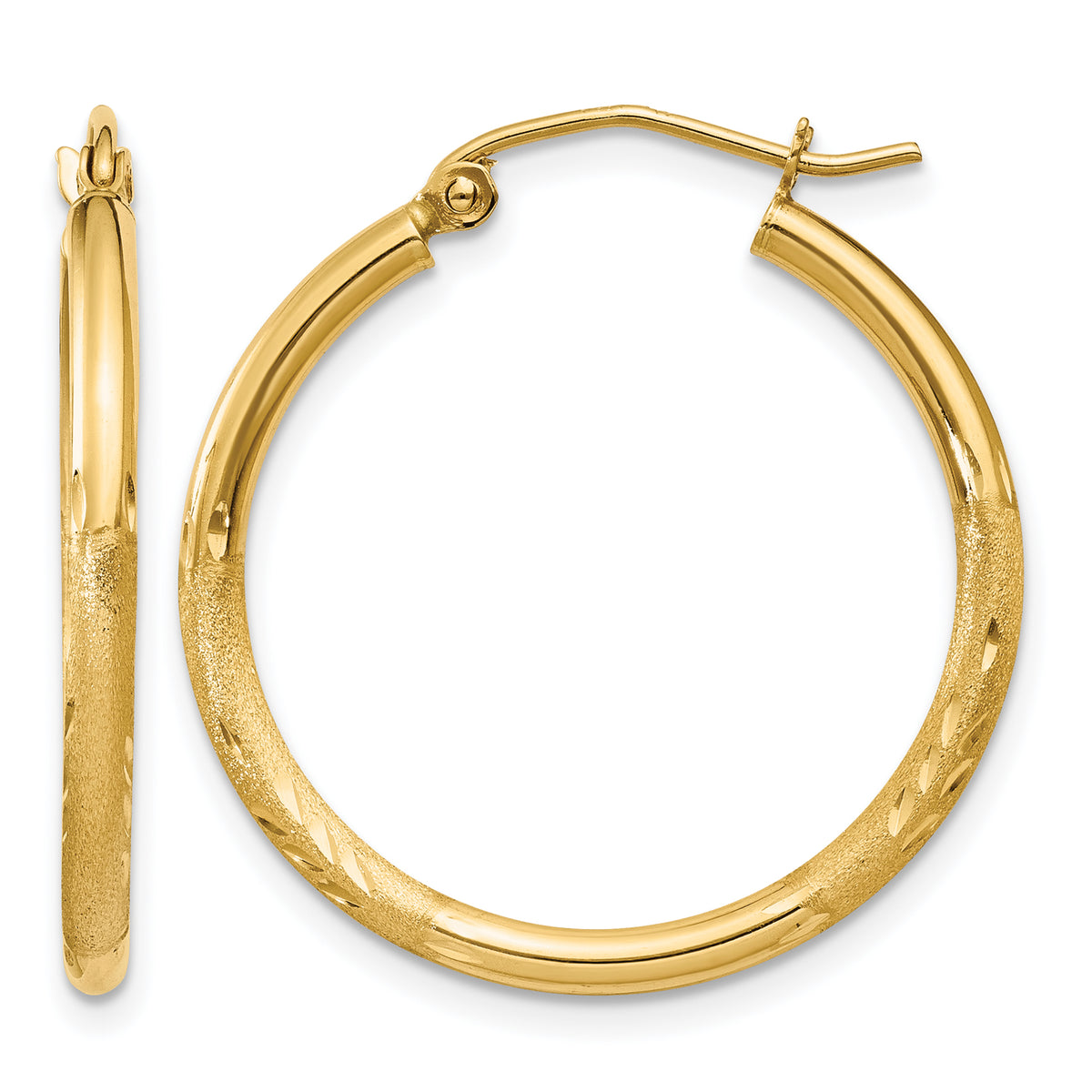Gold Satin and Diamond-cut Hoop Earrings - 14k Yellow Gold / 2 mm / 25 mm