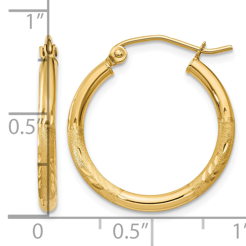 Gold Satin and Diamond-cut Hoop Earrings - 14k Yellow Gold / 2 mm / 20 mm