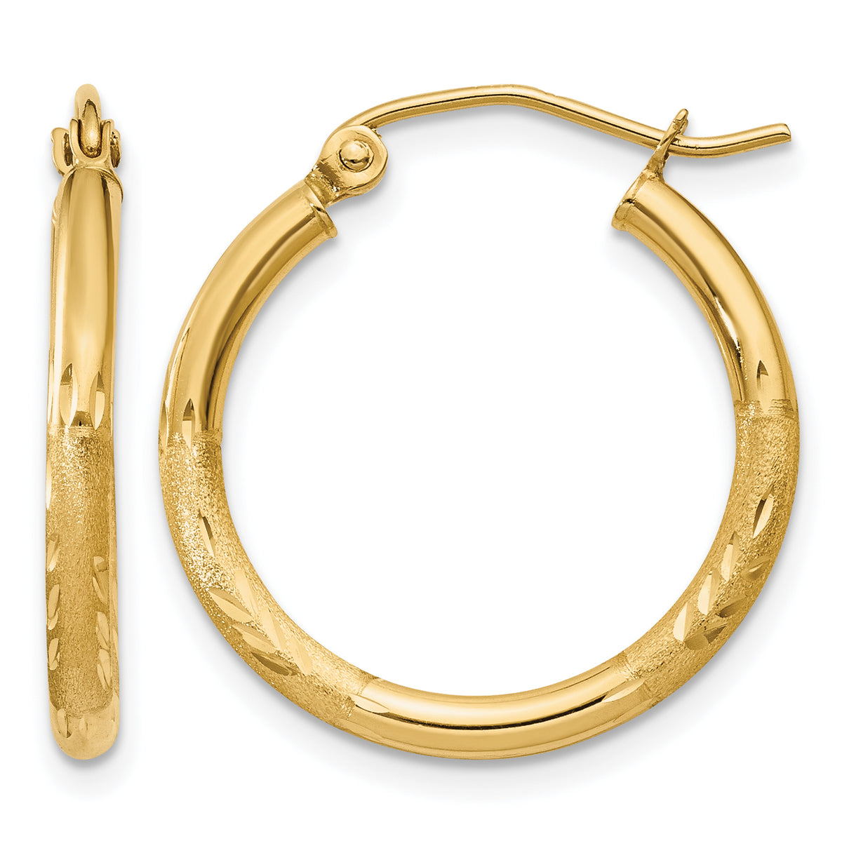 Gold Satin and Diamond-cut Hoop Earrings - 14k Yellow Gold / 2 mm / 20 mm
