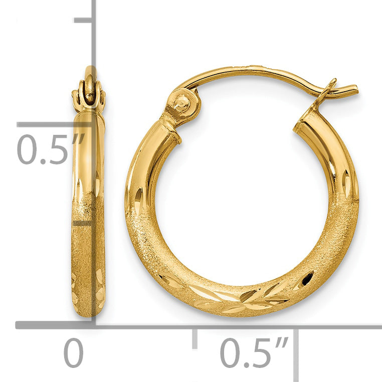 Gold Satin and Diamond-cut Hoop Earrings - 14k Yellow Gold / 2 mm / 15 mm