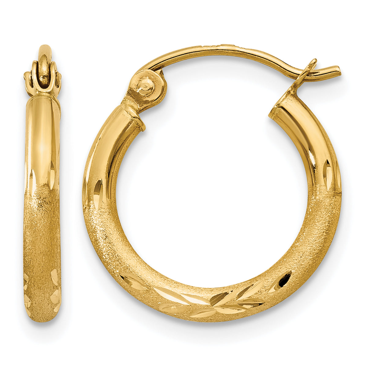 Gold Satin and Diamond-cut Hoop Earrings - 14k Yellow Gold / 2 mm / 15 mm