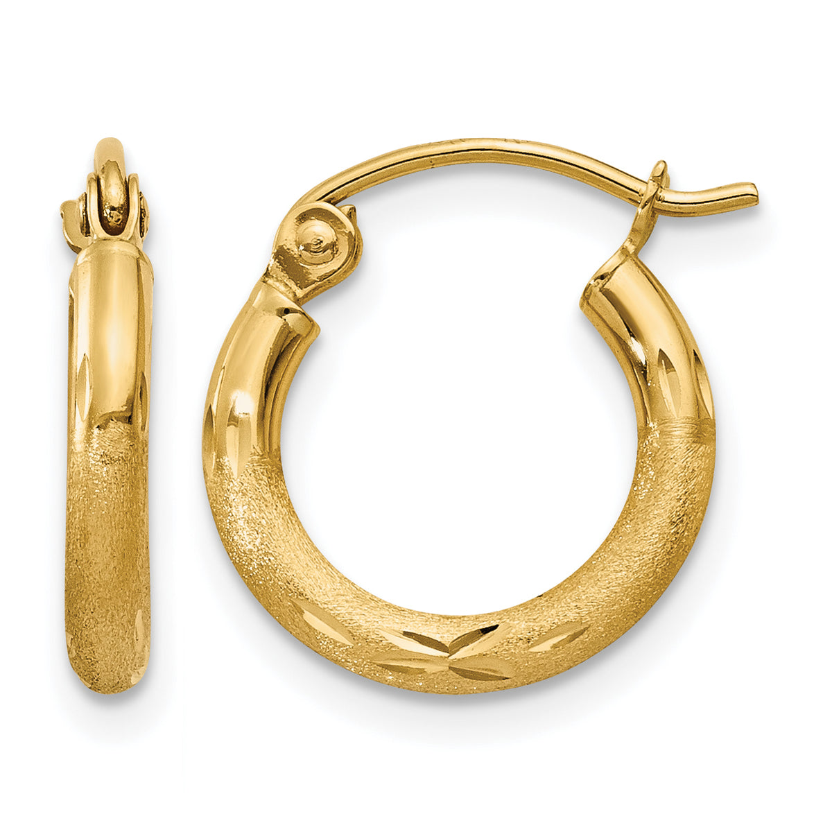 Gold Satin and Diamond-cut Hoop Earrings - 14k Yellow Gold / 2 mm / 13 mm