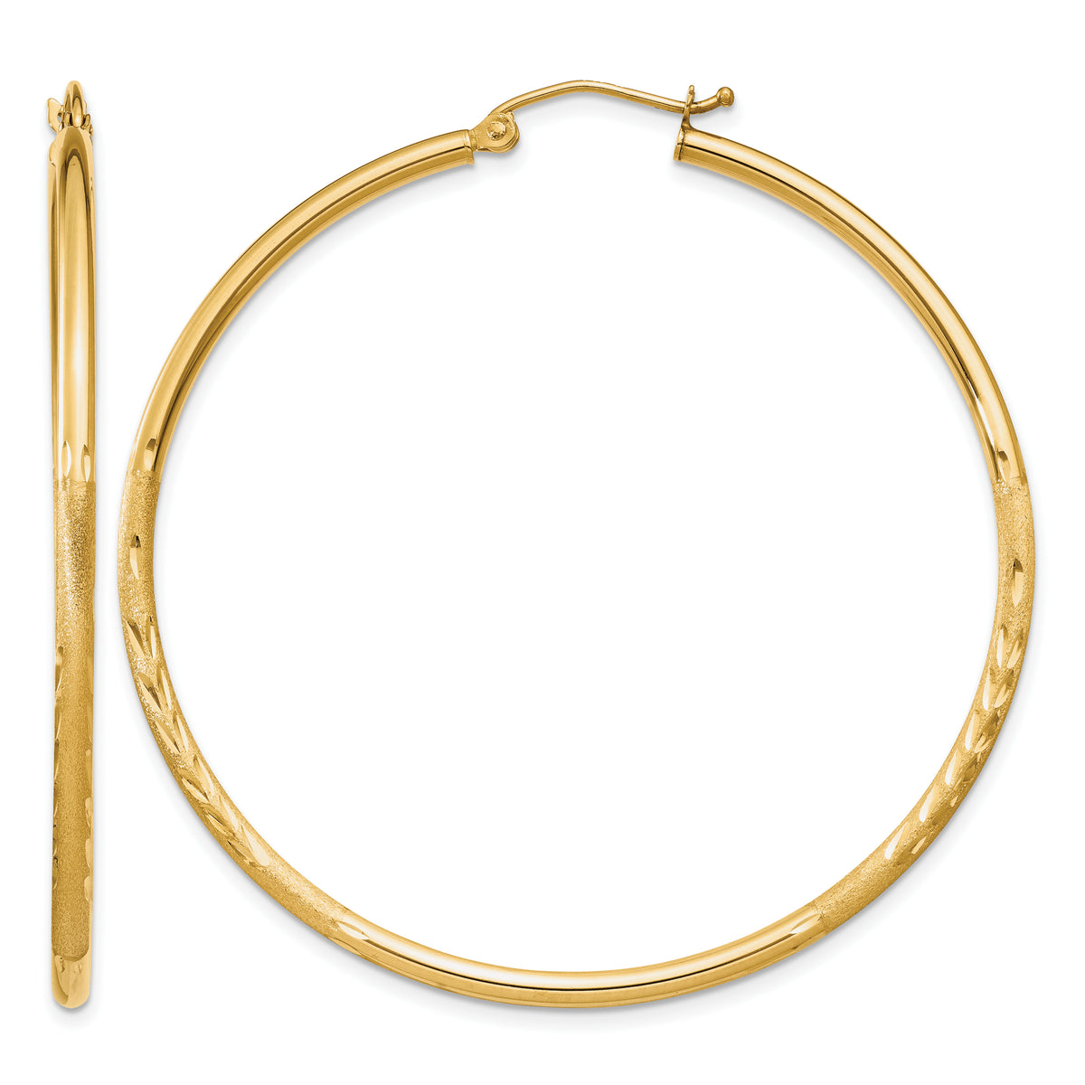 Gold Satin and Diamond-cut Hoop Earrings - 14k Yellow Gold / 2 mm / 50 mm