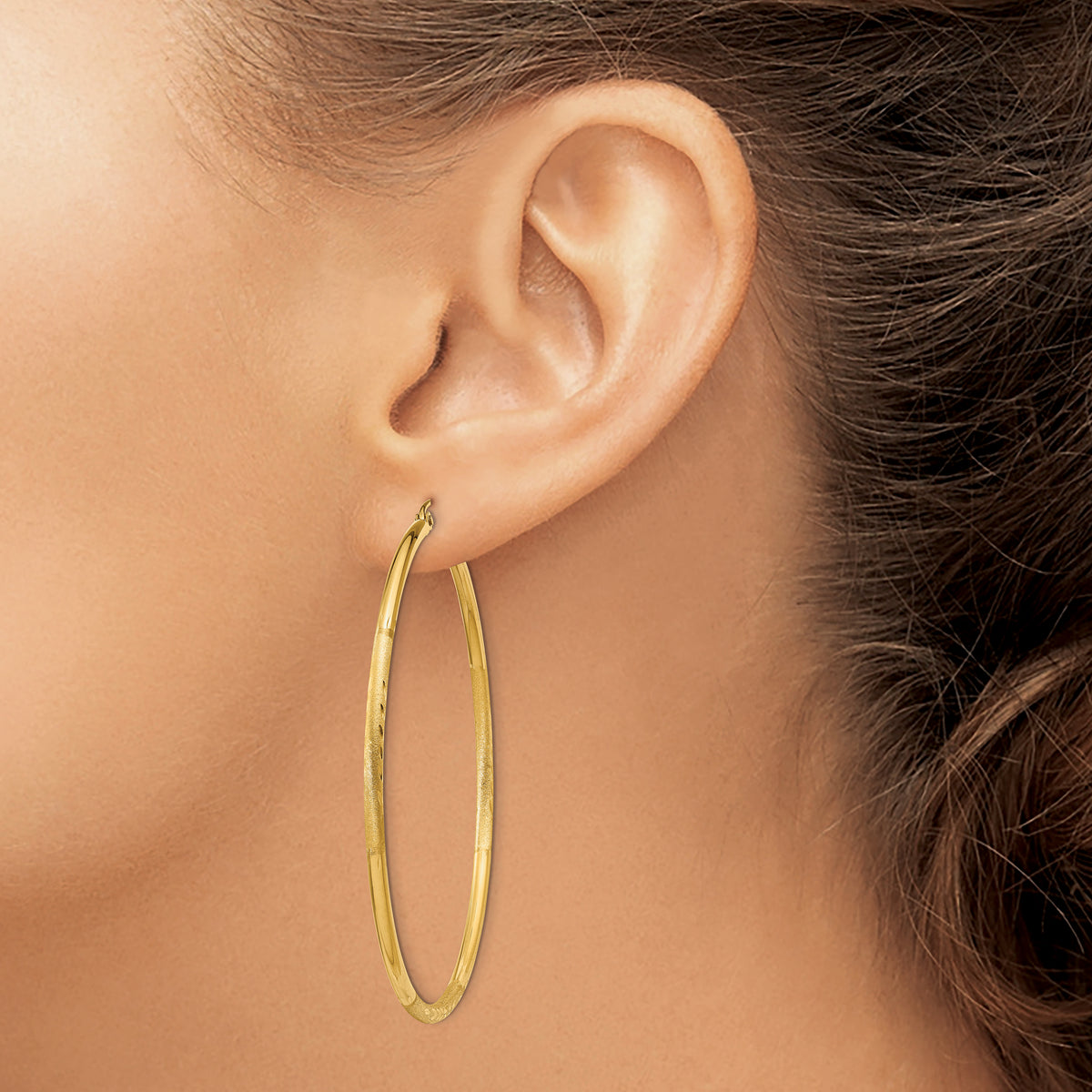 Gold Satin and Diamond-cut Hoop Earrings - 14k Yellow Gold / 2 mm / 55 mm