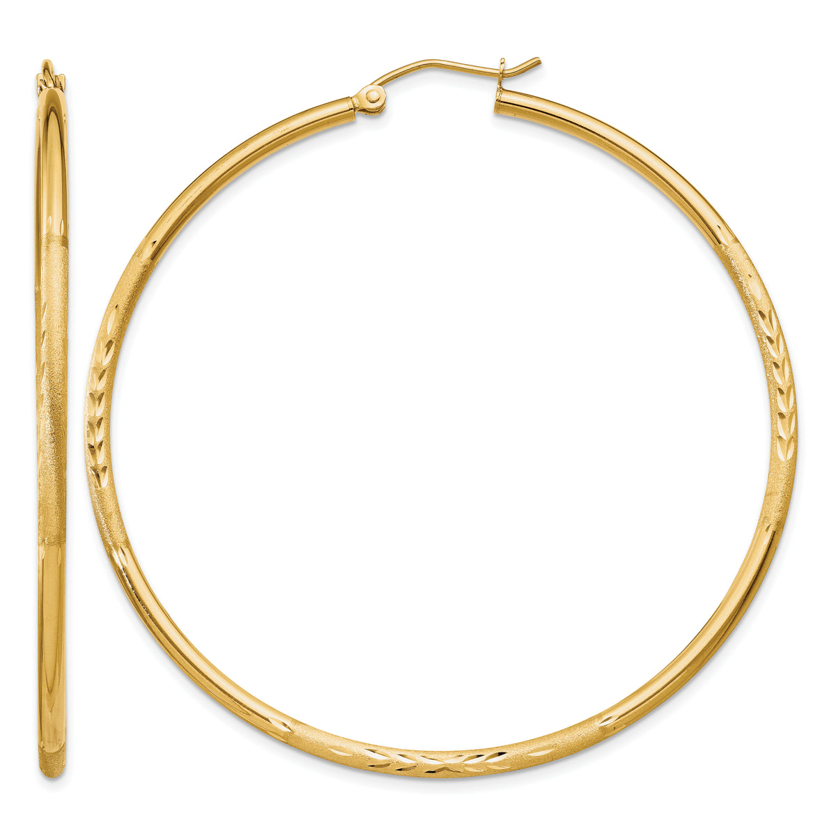Gold Satin and Diamond-cut Hoop Earrings - 14k Yellow Gold / 2 mm / 55 mm