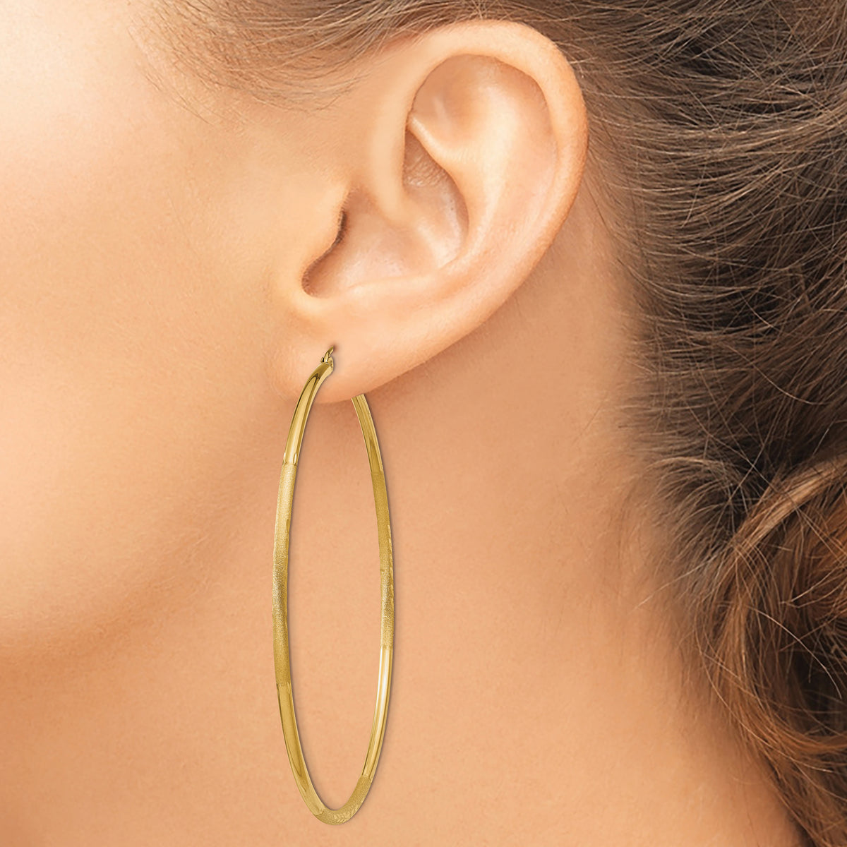 Gold Satin and Diamond-cut Hoop Earrings - 14k Yellow Gold / 2 mm / 65 mm