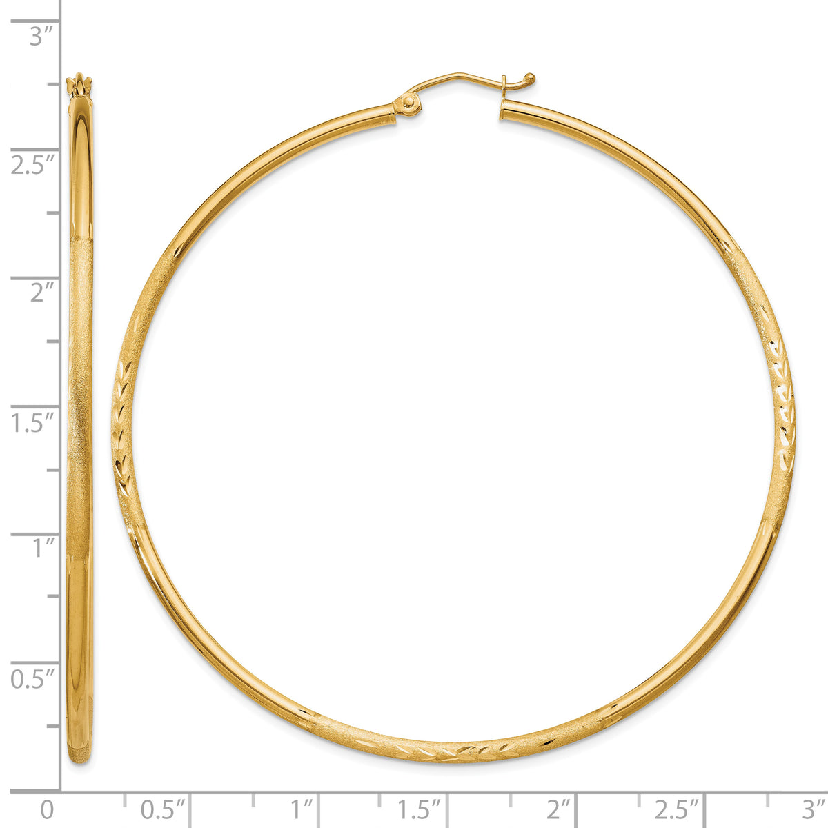 Gold Satin and Diamond-cut Hoop Earrings - 14k Yellow Gold / 2 mm / 65 mm