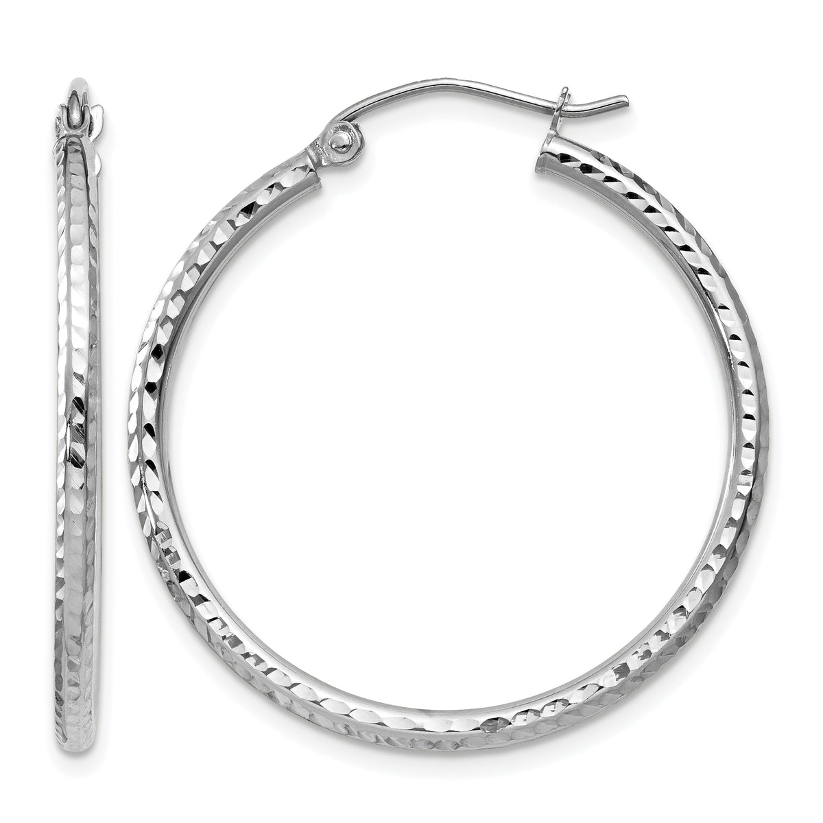 Gold Diamond-cut Classic Hoop Earrings - 14k White Gold / 2 mm / 30 mm, Round