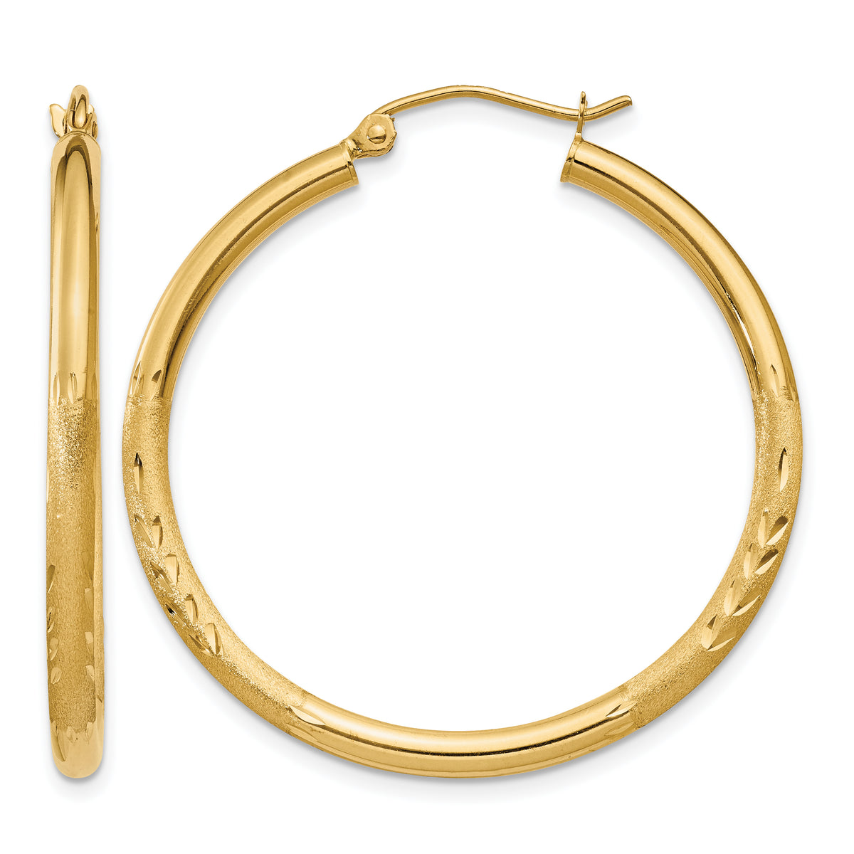 Gold Satin and Diamond-cut Hoop Earrings - 14k Yellow Gold / 2.5 mm / 30 mm
