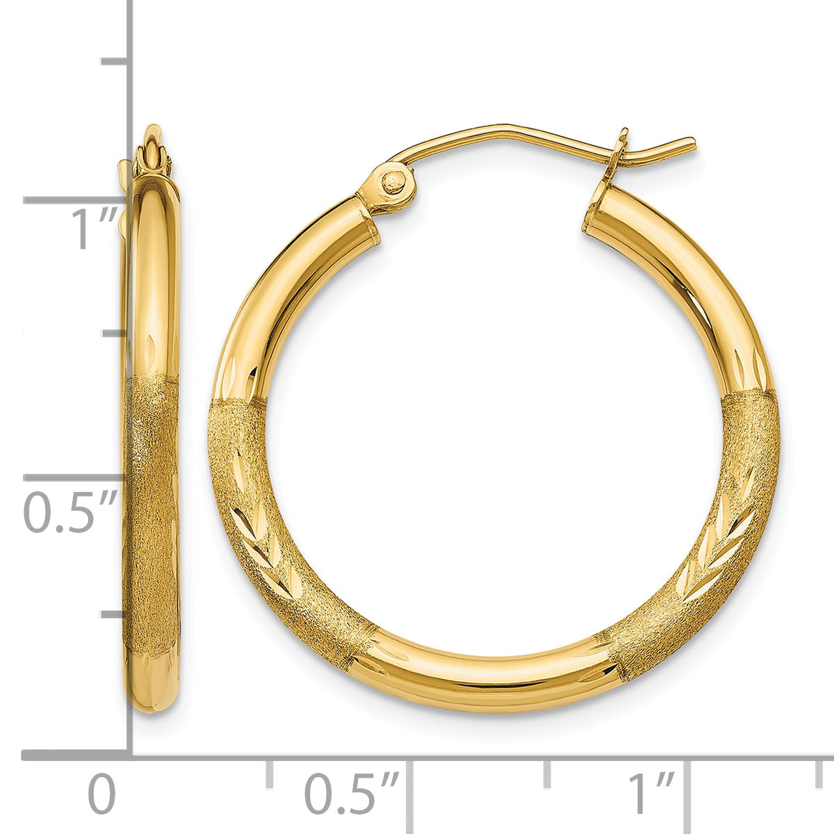Gold Satin and Diamond-cut Hoop Earrings - 14k Yellow Gold / 2.5 mm / 24 mm