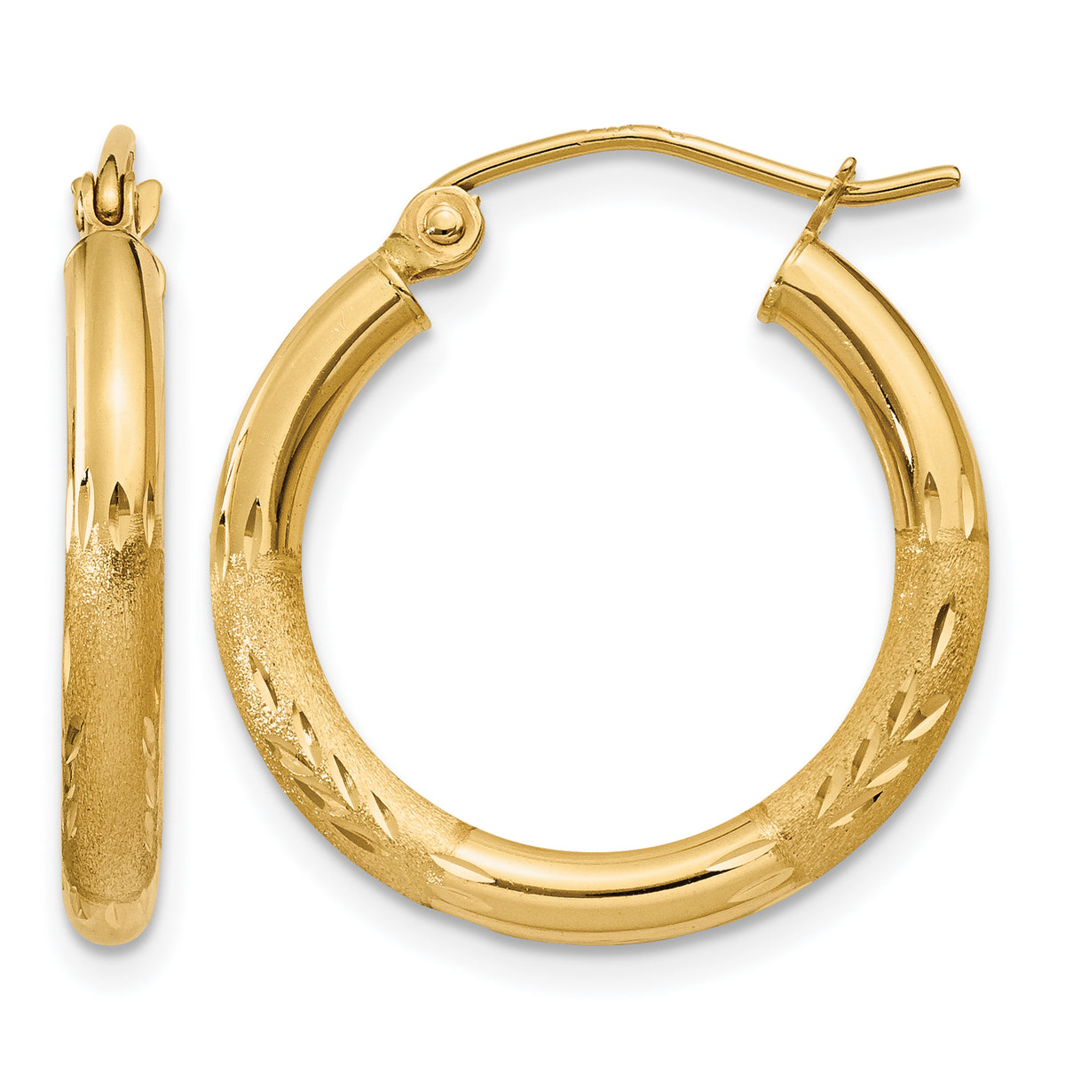 Gold Satin and Diamond-cut Hoop Earrings - 14k Yellow Gold / 2.5 mm / 20 mm