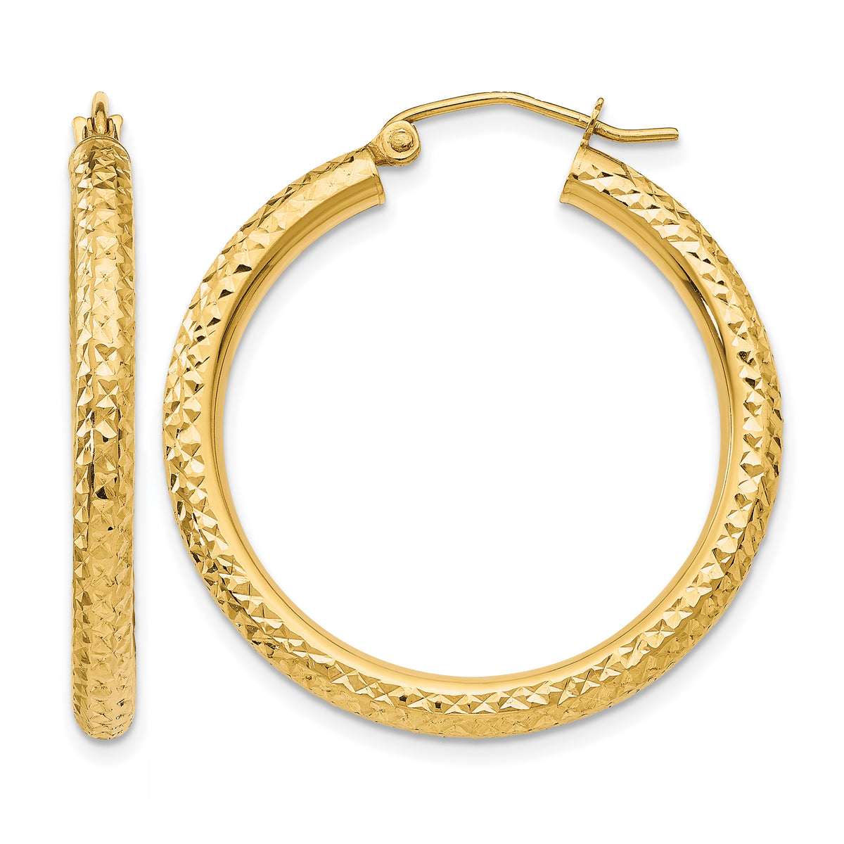 Gold Diamond-cut Classic Hoop Earrings - 14k Yellow Gold / 3 mm / 30 mm, Round