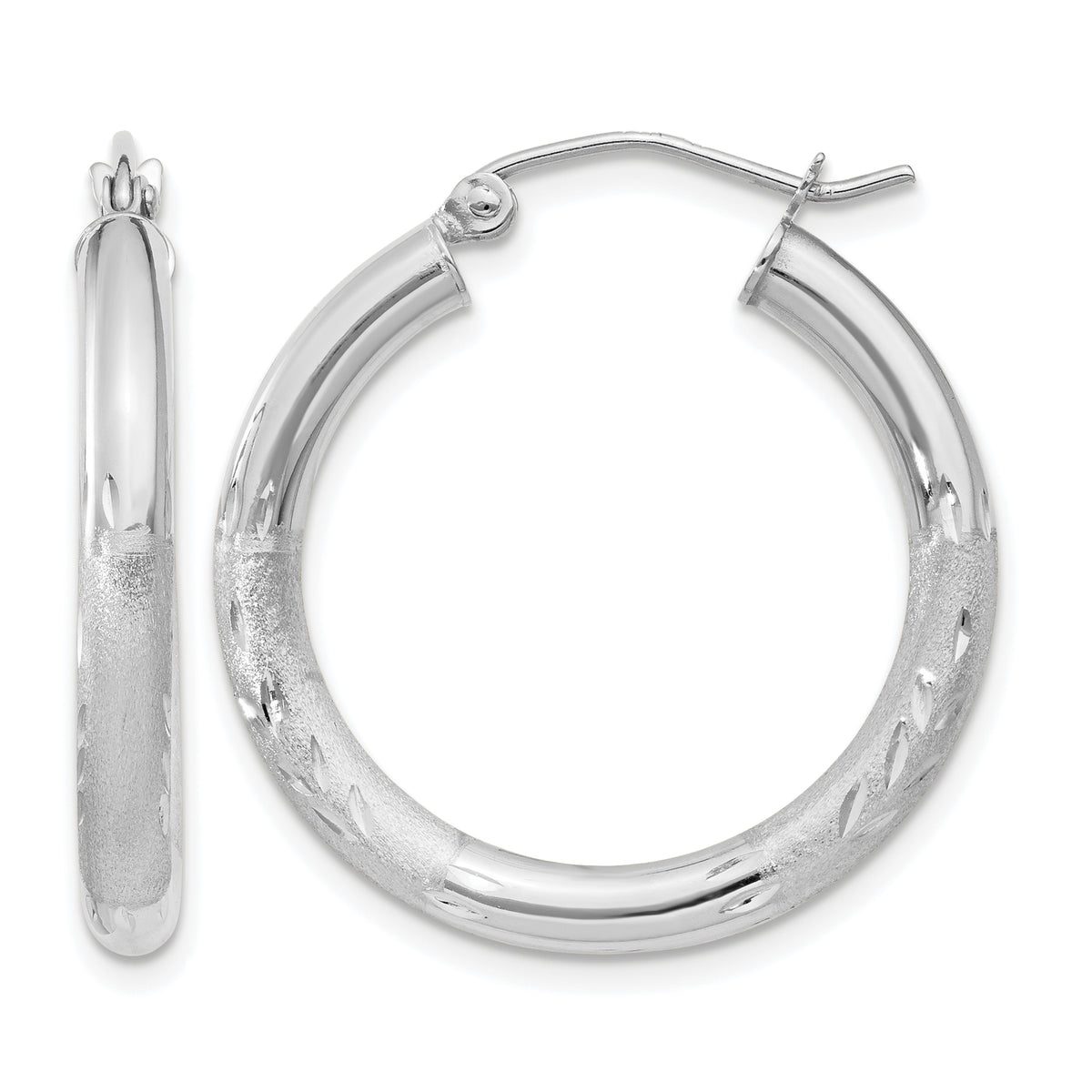 Gold Satin and Diamond-cut Hoop Earrings - 14k White Gold / 3 mm / 20 mm
