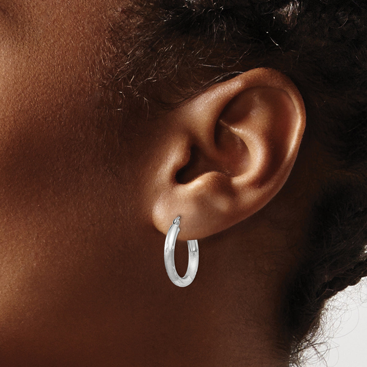 Gold Satin and Diamond-cut Hoop Earrings - 14k White Gold / 3 mm / 15 mm