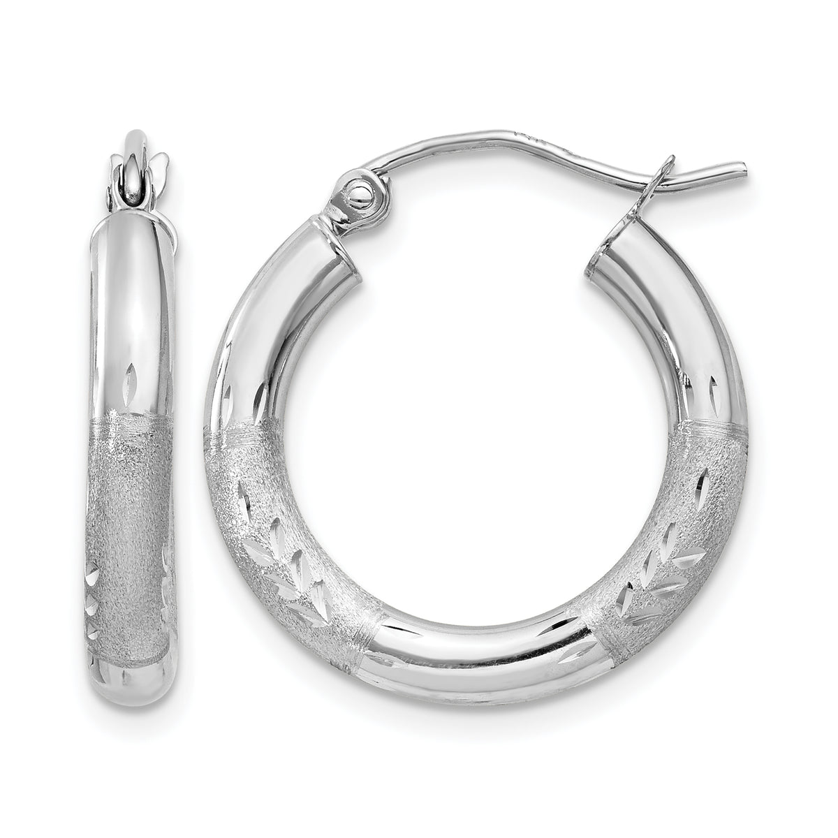 Gold Satin and Diamond-cut Hoop Earrings - 14k White Gold / 3 mm / 15 mm