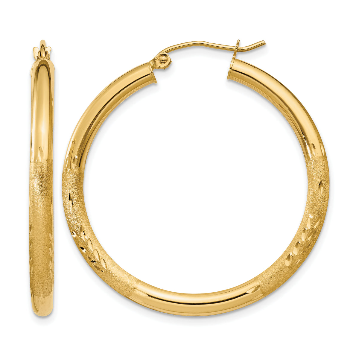 Gold Satin and Diamond-cut Hoop Earrings - 14k Yellow Gold / 3 mm / 35 mm
