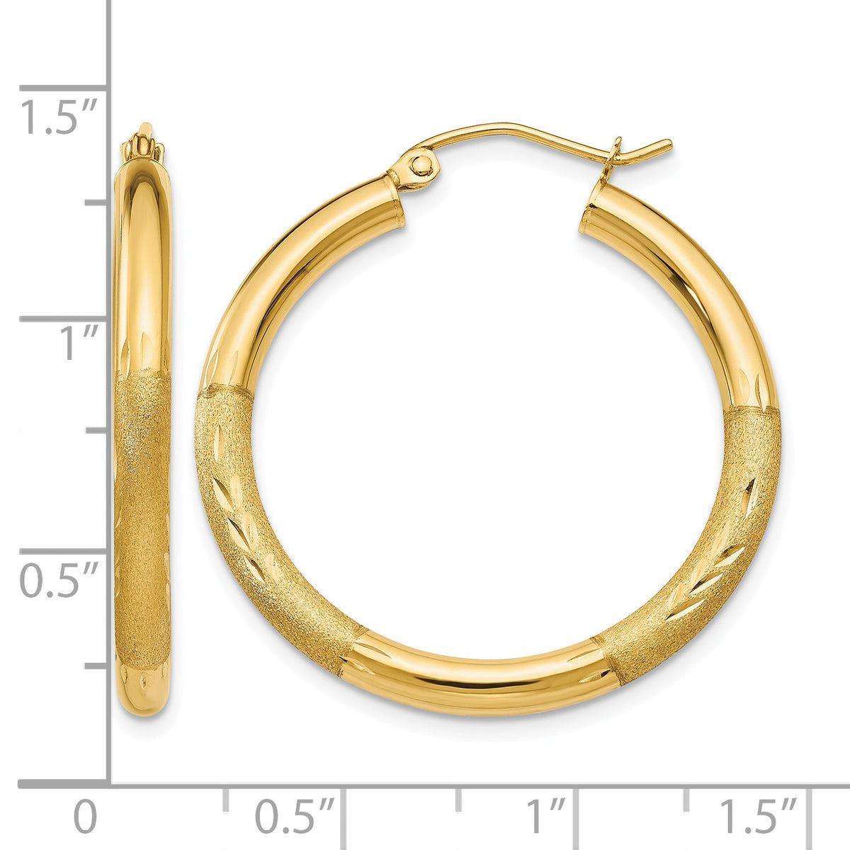 Gold Satin and Diamond-cut Hoop Earrings - 14k Yellow Gold / 3 mm / 30 mm