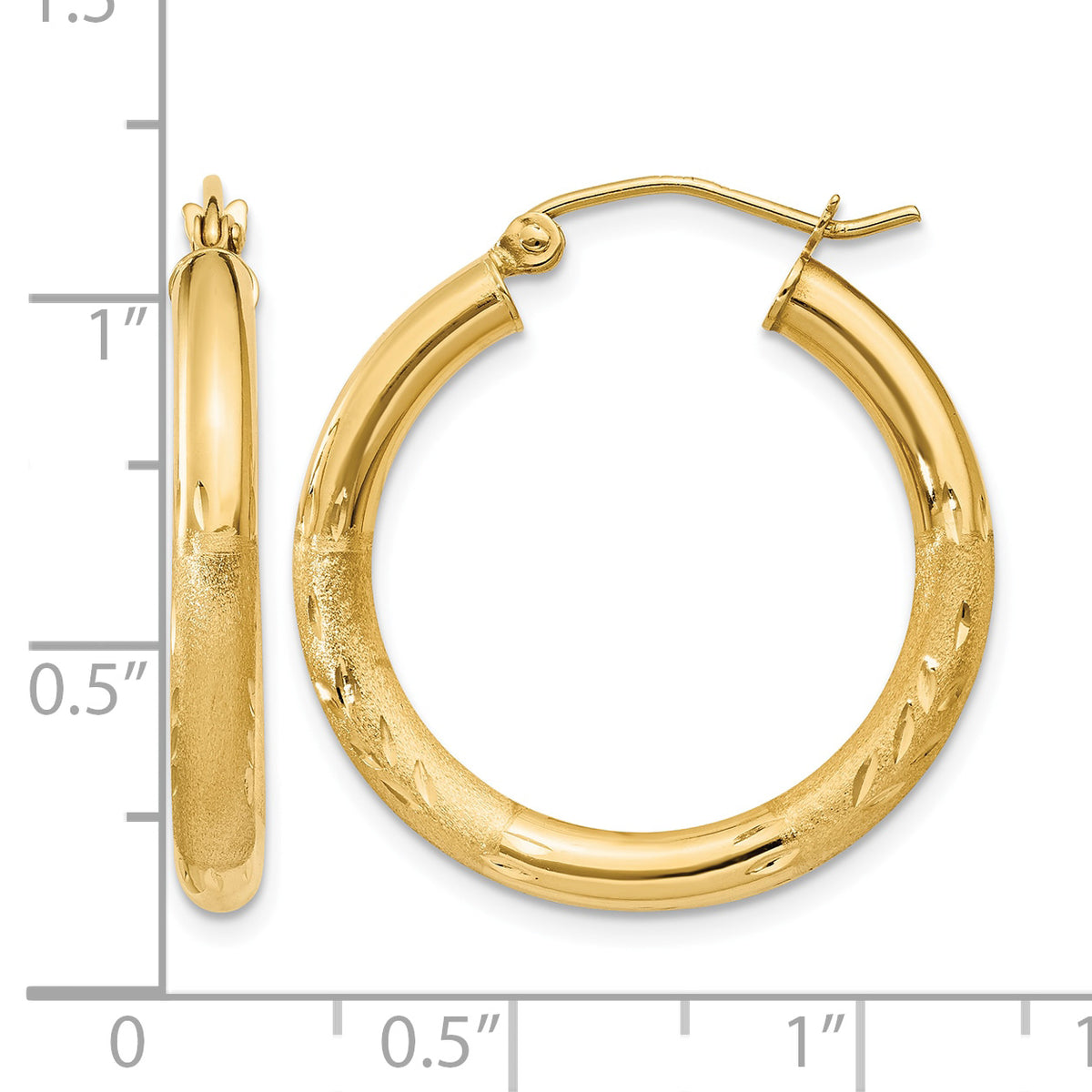 Gold Satin and Diamond-cut Hoop Earrings - 14k Yellow Gold / 3 mm / 25 mm