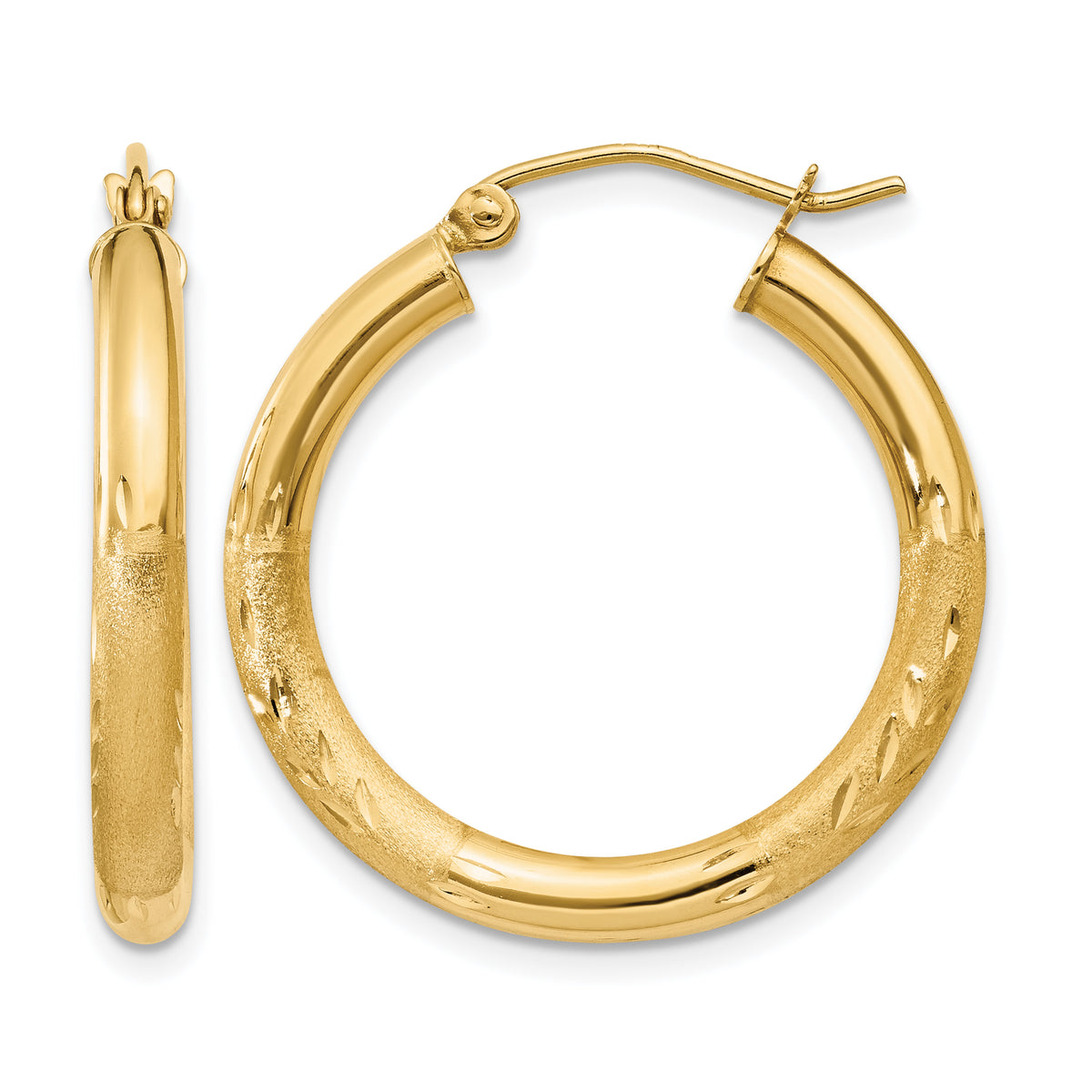 Gold Satin and Diamond-cut Hoop Earrings - 14k Yellow Gold / 3 mm / 25 mm