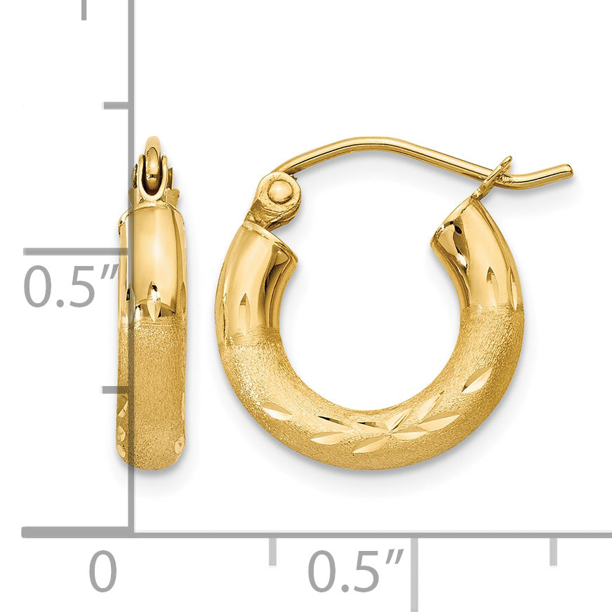 Gold Satin and Diamond-cut Hoop Earrings - 14k Yellow Gold / 3 mm / 14 mm