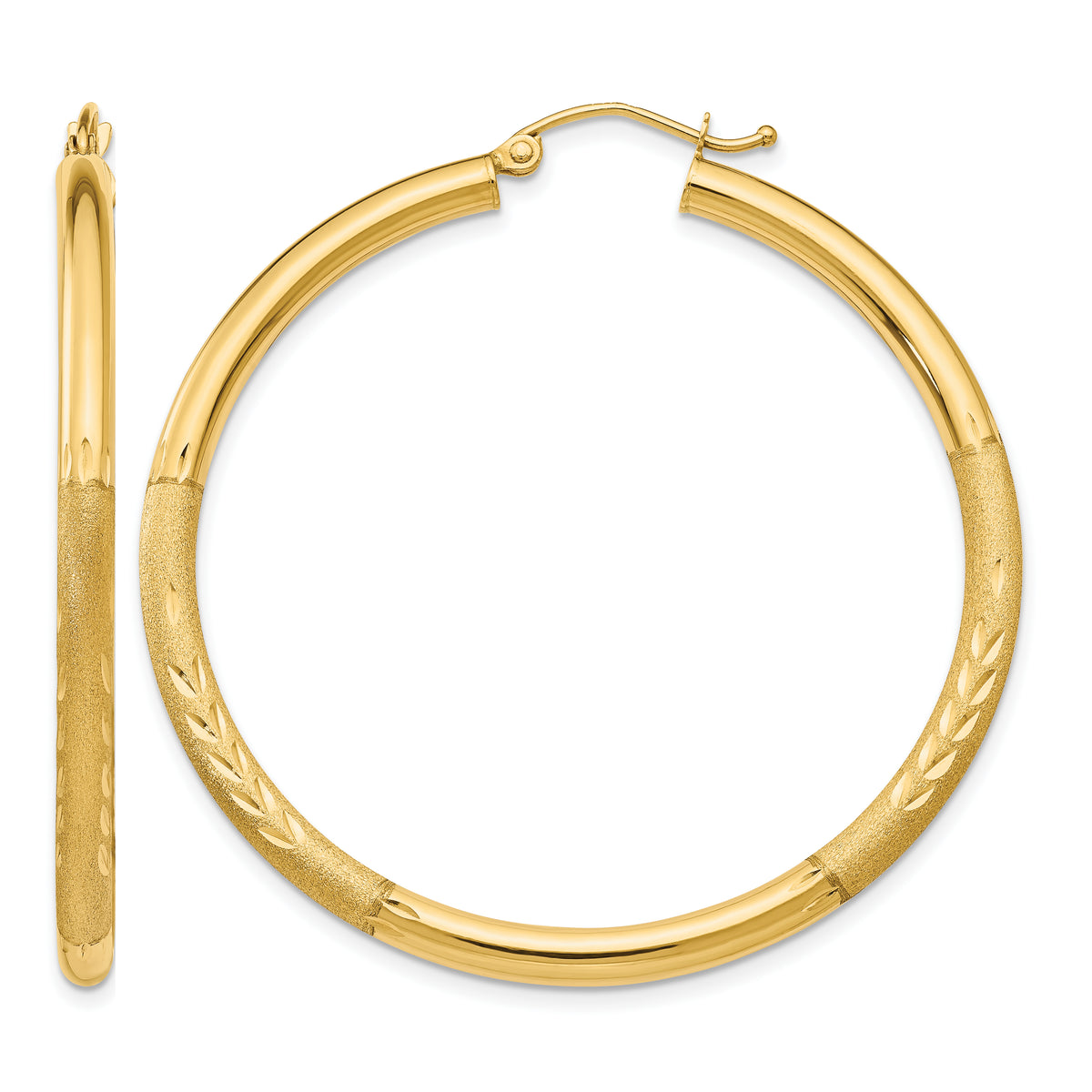 Gold Satin and Diamond-cut Hoop Earrings - 14k Yellow Gold / 3 mm / 45 mm