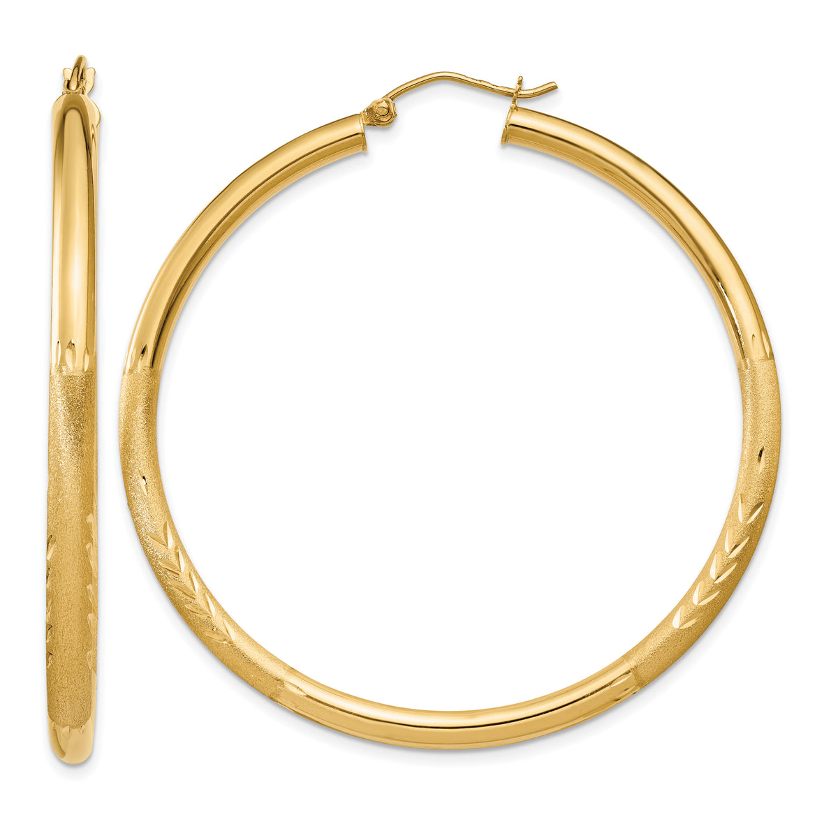 Gold Satin and Diamond-cut Hoop Earrings - 14k Yellow Gold / 3 mm / 50 mm