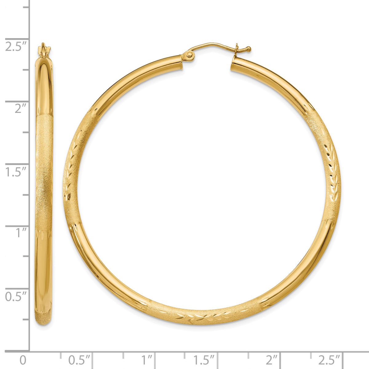 Gold Satin and Diamond-cut Hoop Earrings - 14k Yellow Gold / 3 mm / 55 mm