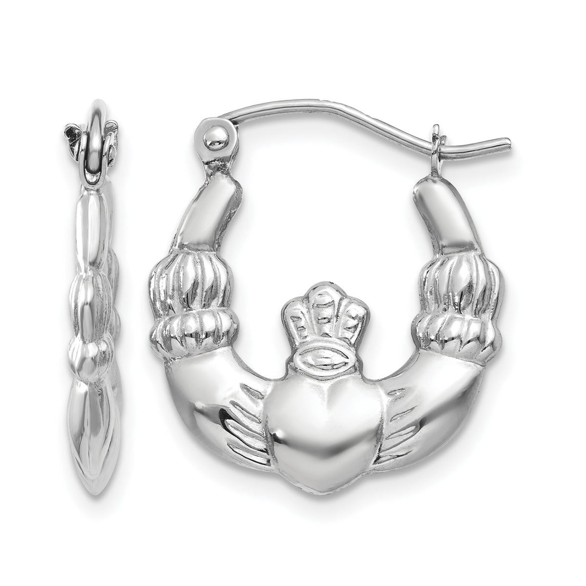 Gold Claddagh Hoop Earrings - 14k White Gold / 3 mm / 16.5 x 19.25 mm