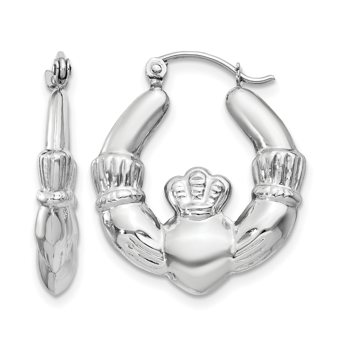 Gold Claddagh Hoop Earrings - 14k White Gold / 4 mm / 20 x 23.25 mm
