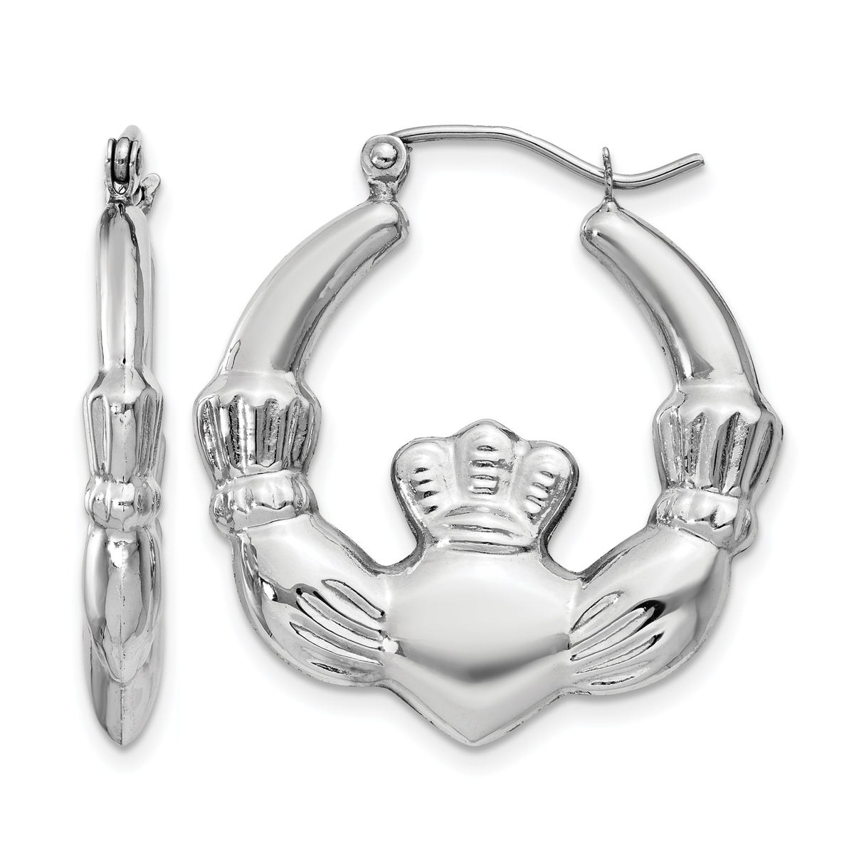 Gold Claddagh Hoop Earrings - 14k White Gold / 4 mm / 23.5 x 25.75 mm