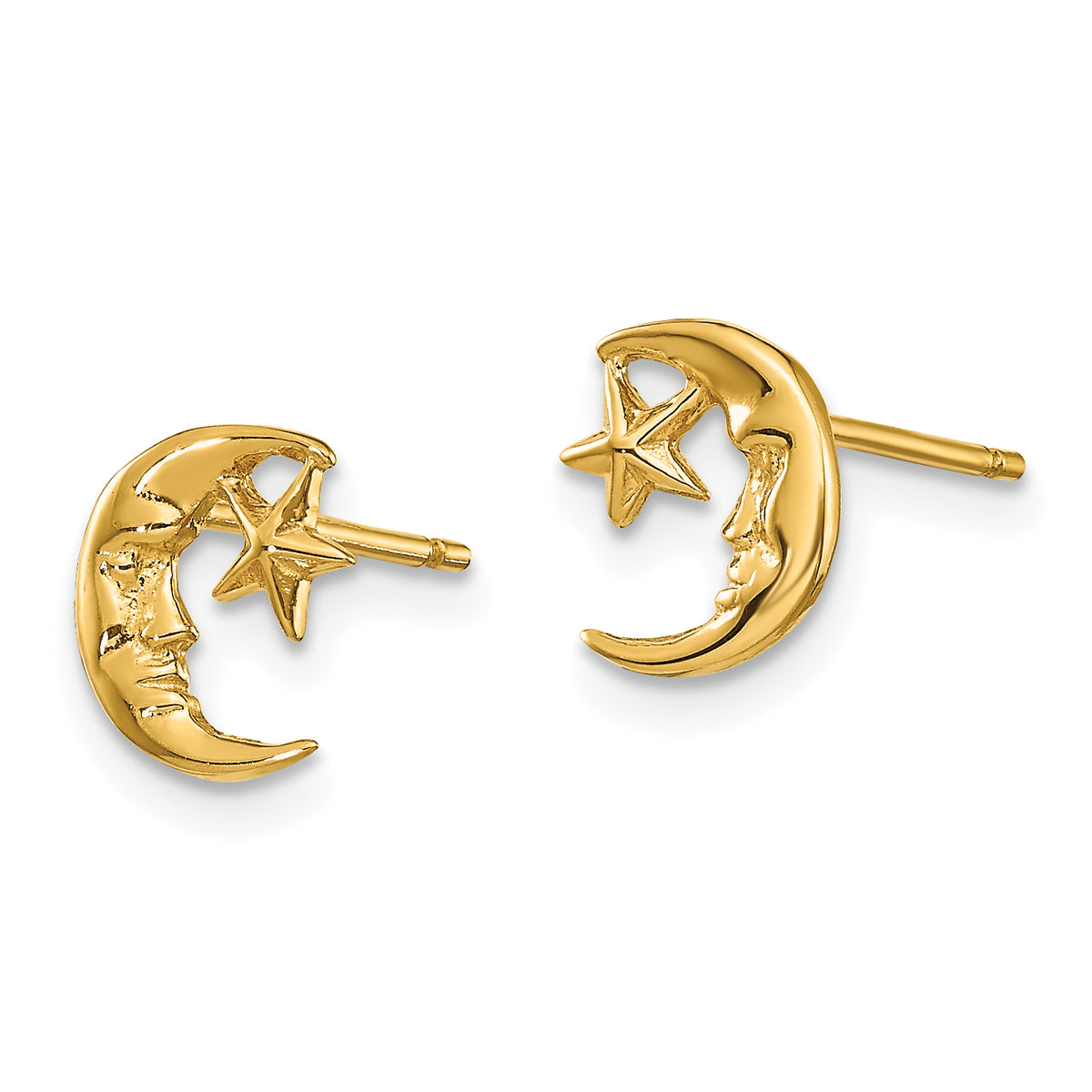14k Yellow Gold Polished Moon with Face and Star Post Earrings, view 2