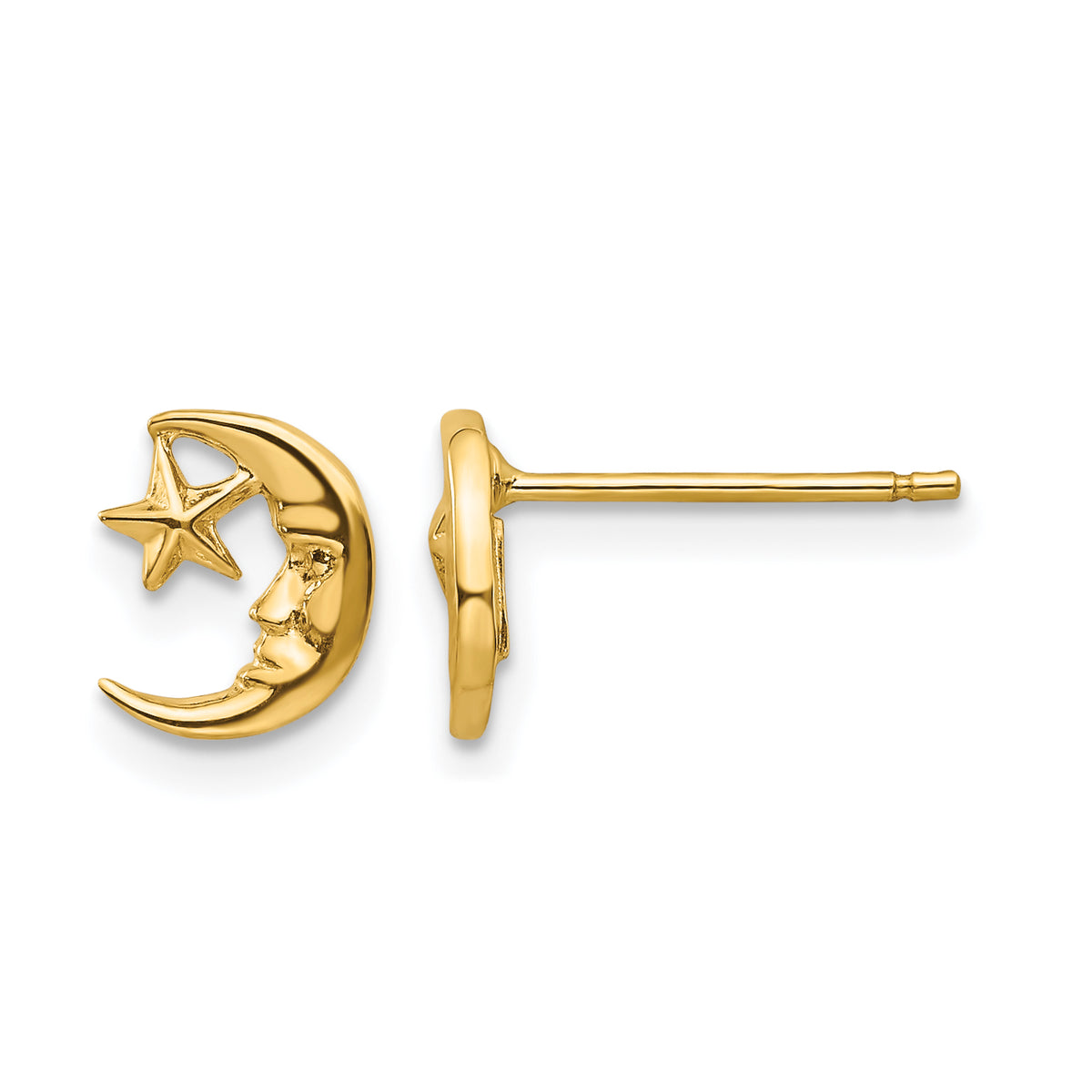14k Yellow Gold Polished Moon with Face and Star Post Earrings