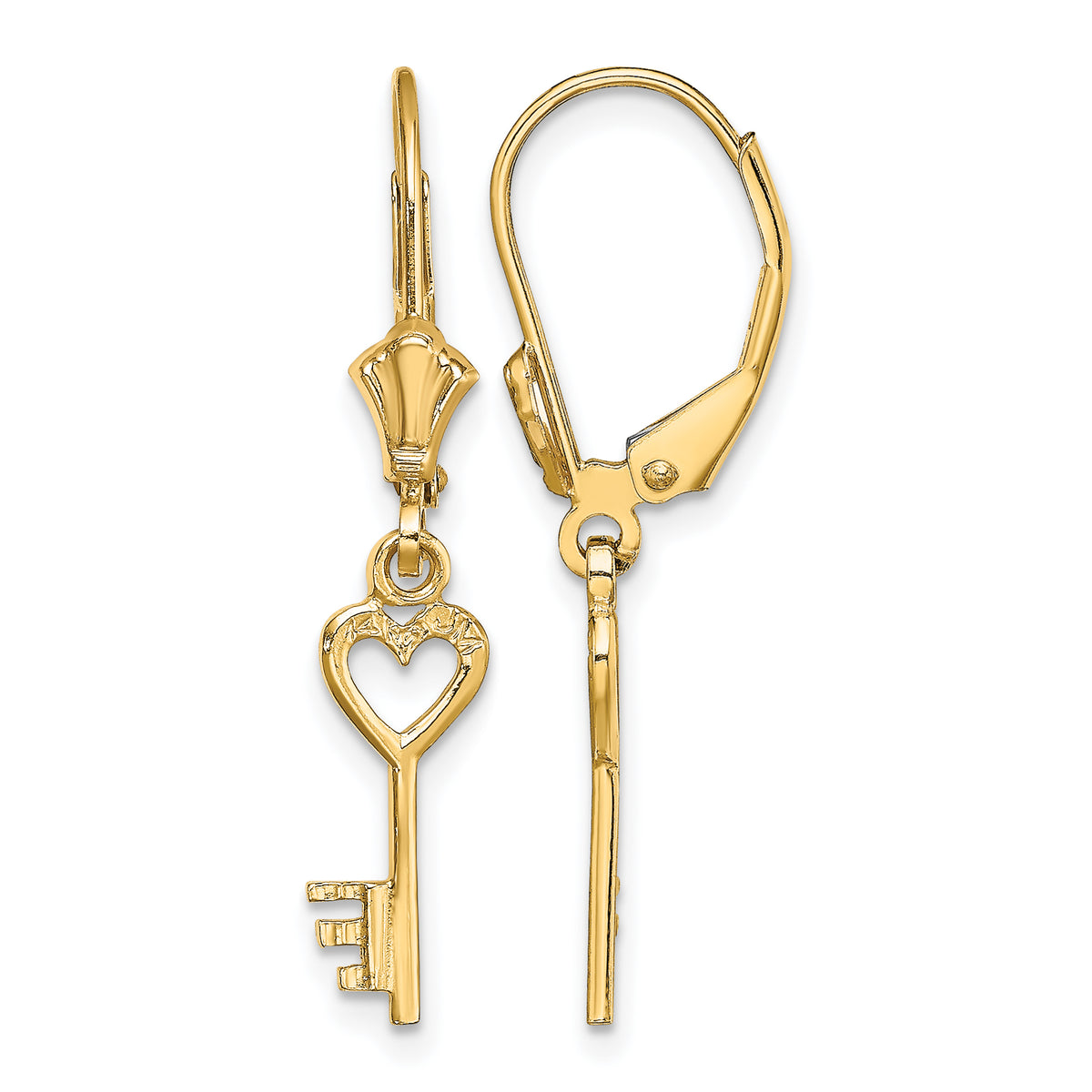 14k Gold Key Dangle Leverback Earrings - 14k Yellow Gold