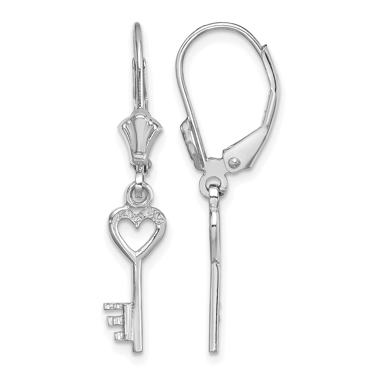 14k Gold Key Dangle Leverback Earrings - 14k White Gold
